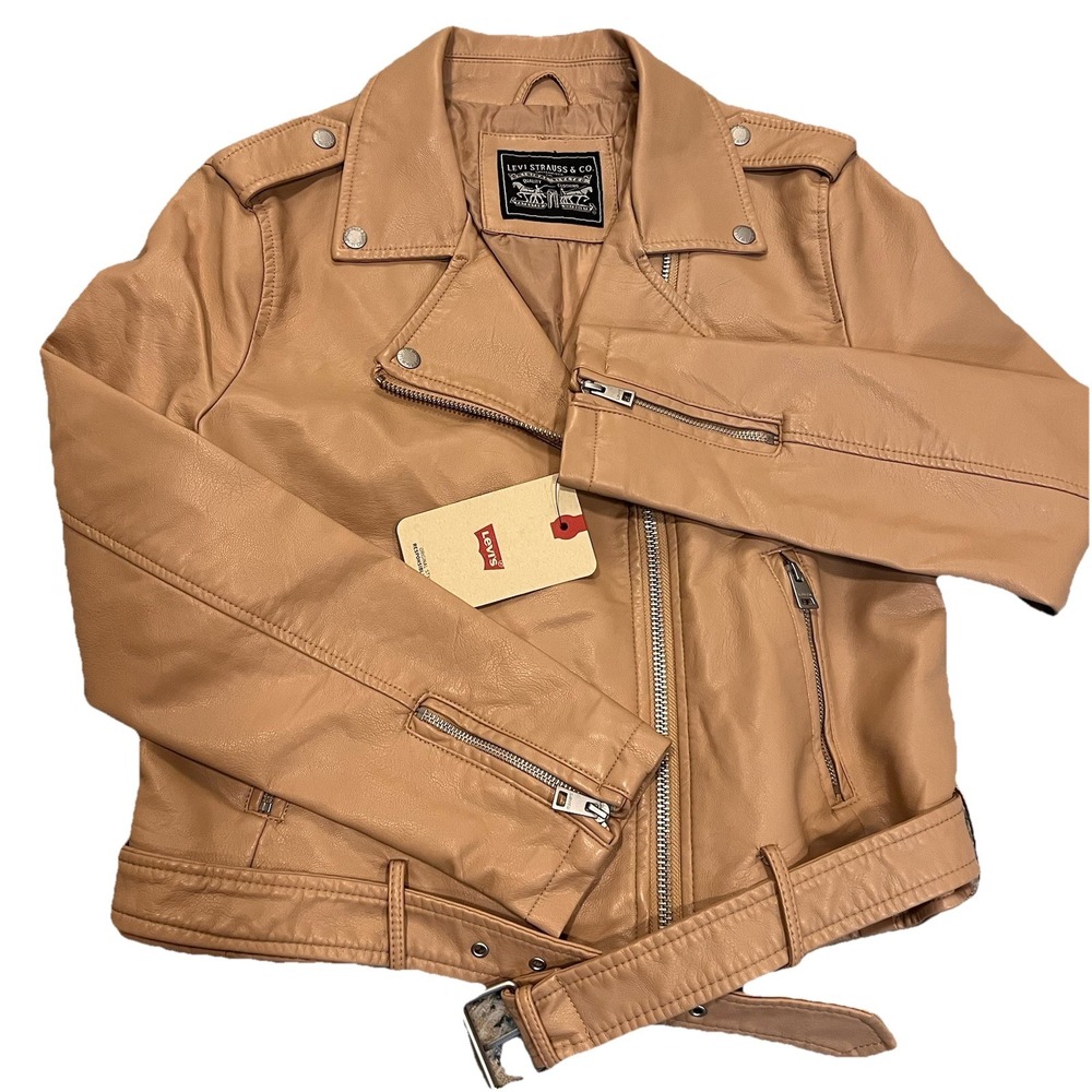 Levi's Women's Faux Leather Asymmetrical Moto Jacket Tan Frappe Short Zip‎ Large
